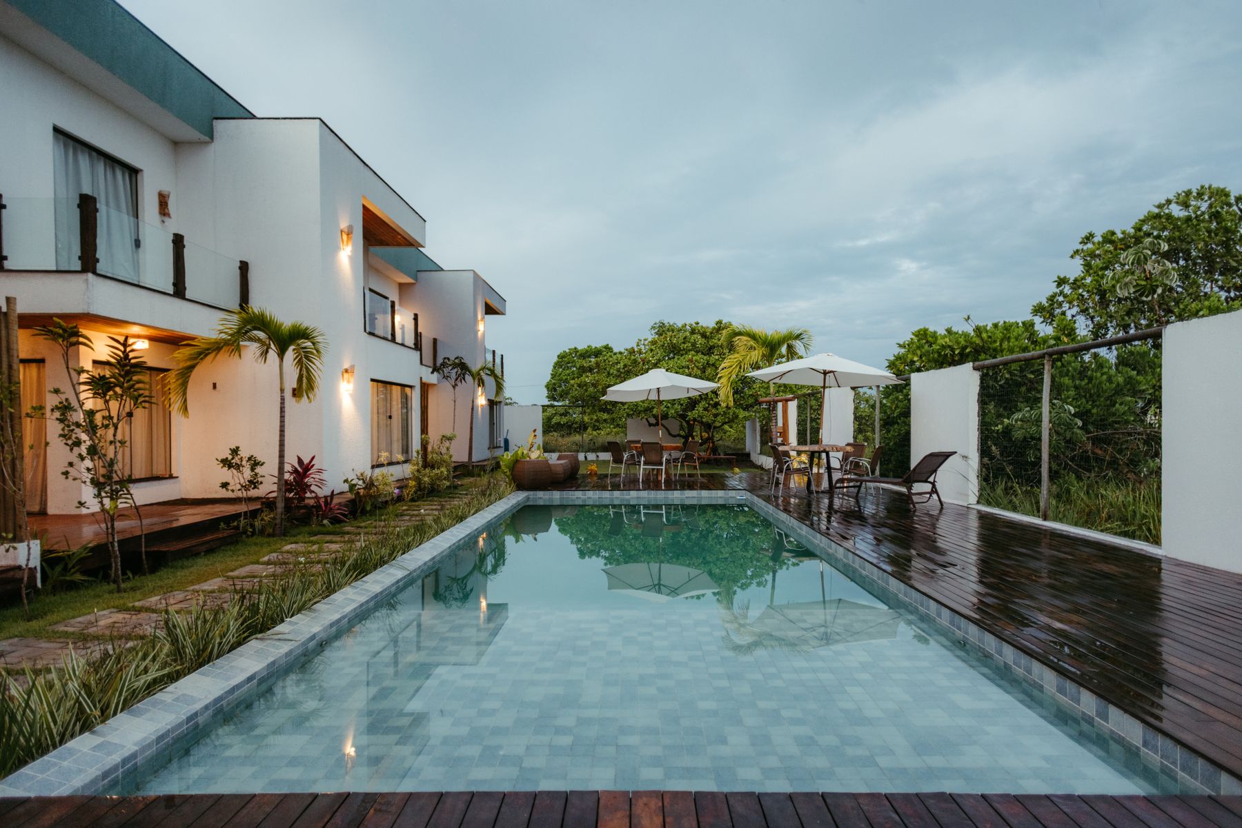 A bright courtyard with a pool