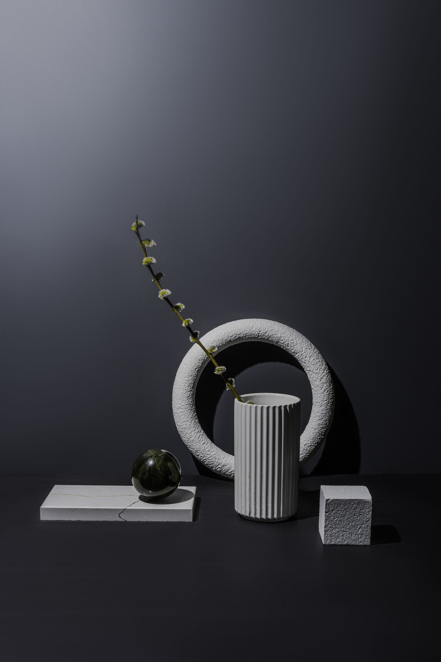A white ring and vase in dark light