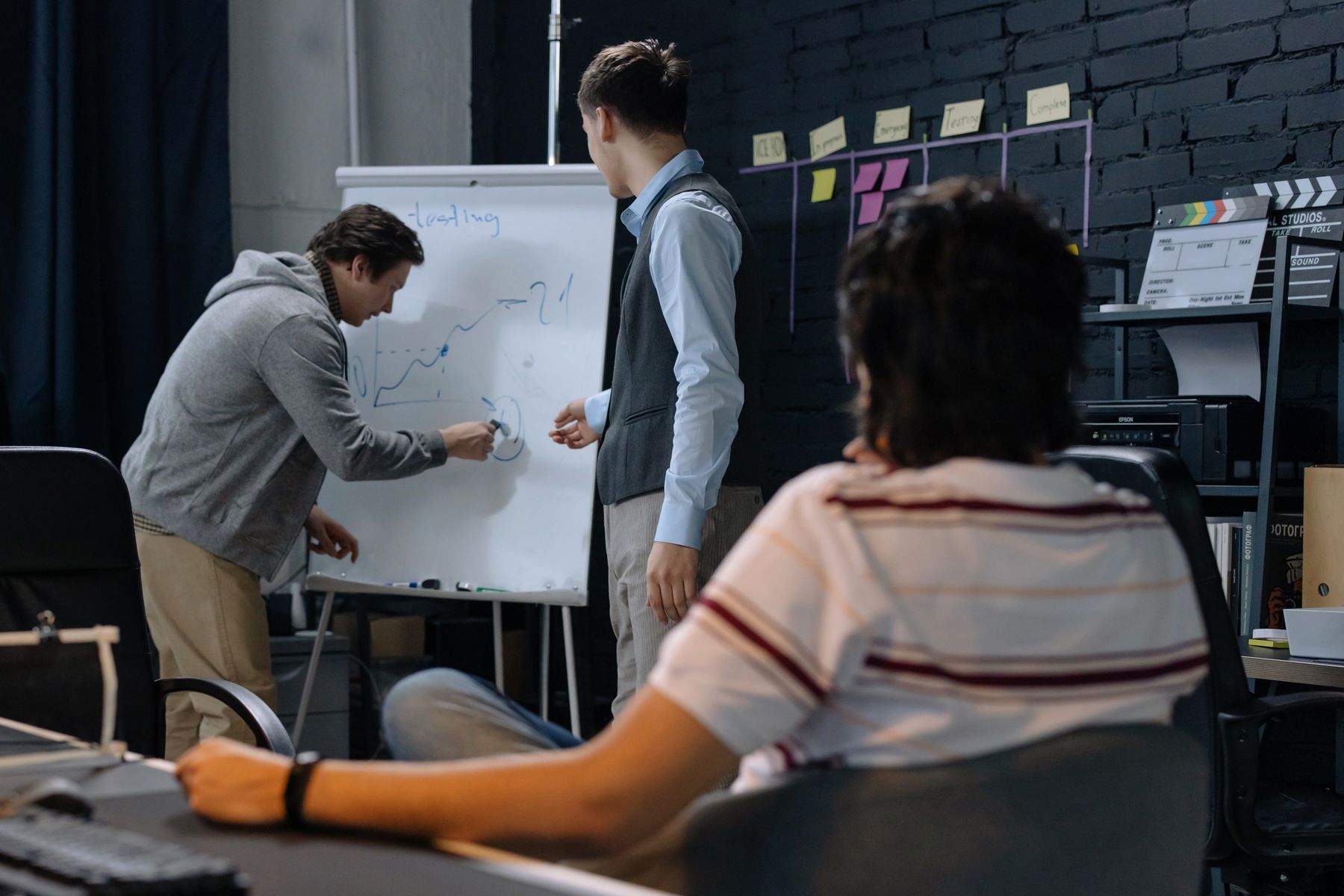 A team discussing ideas at a whiteboard