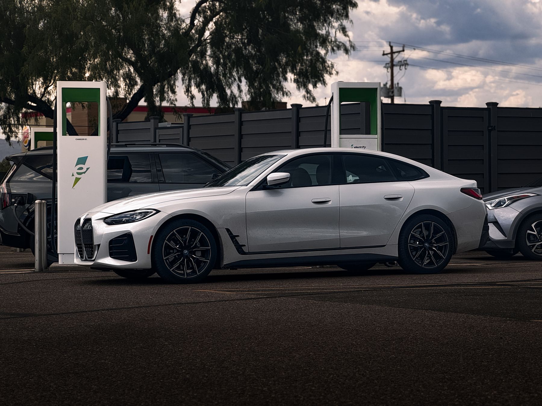 A white electric car charging
