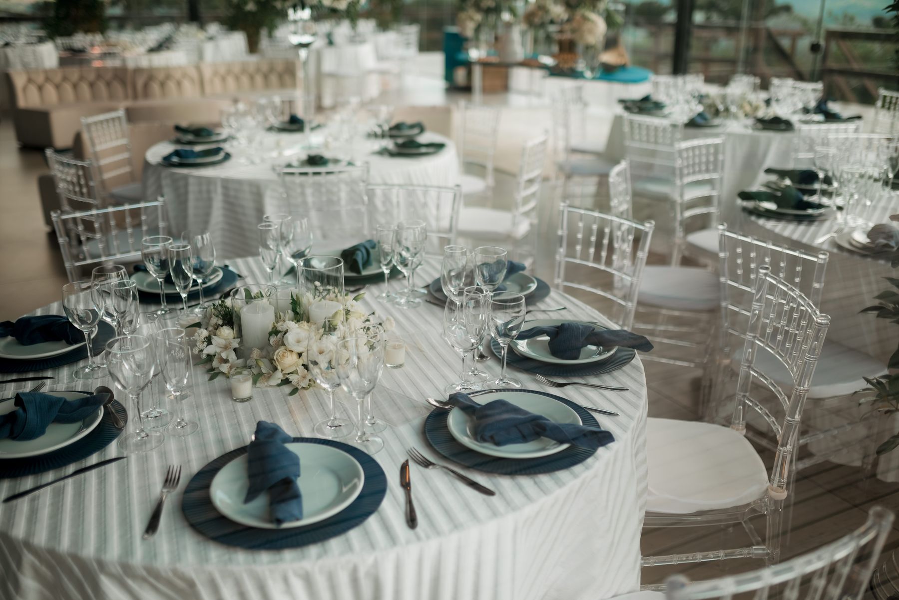 A banquet hall set for a reception